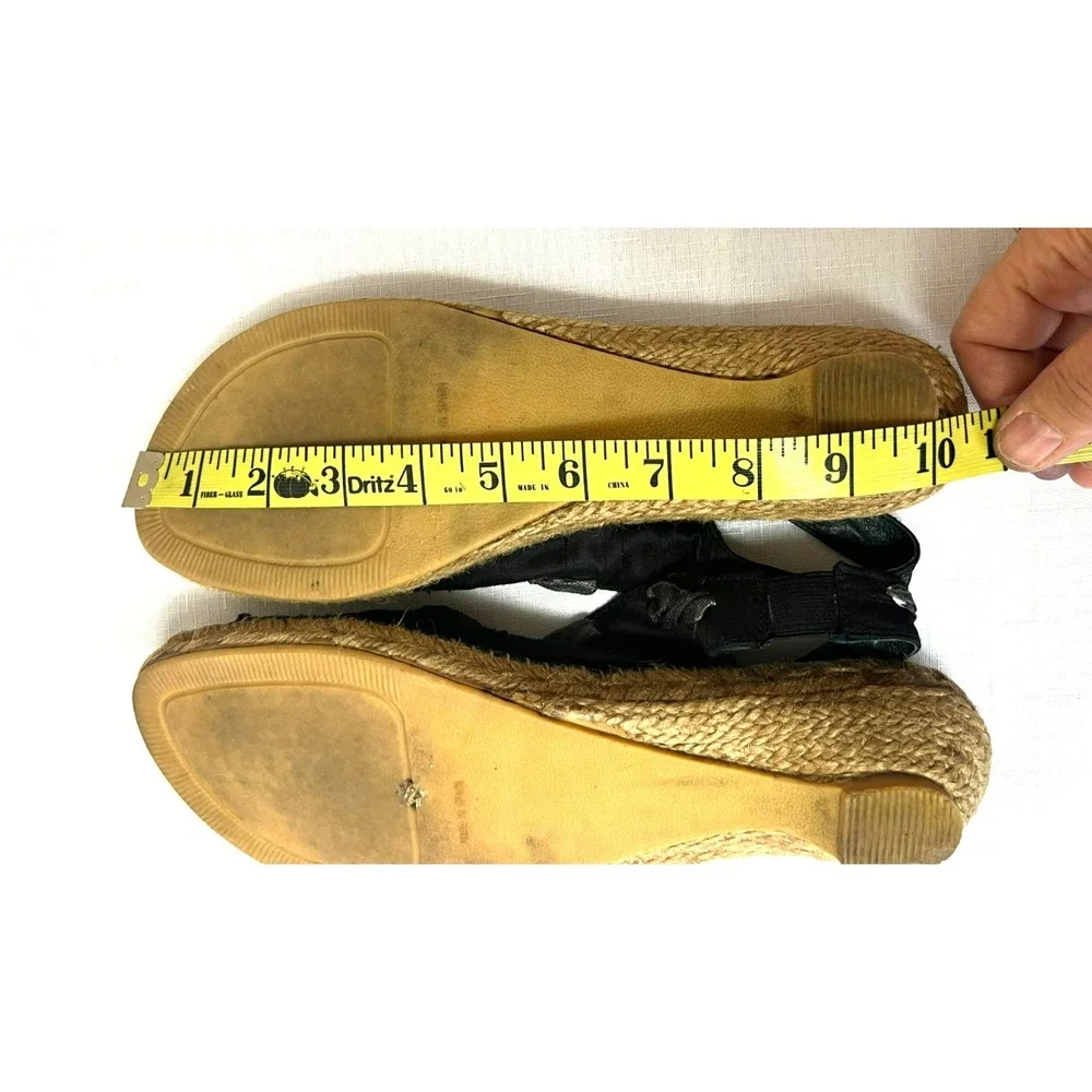 Eric Michael Paseart Espadrille Wedge Sandal Black Satiny Sling Back‎ SZ 10.5
